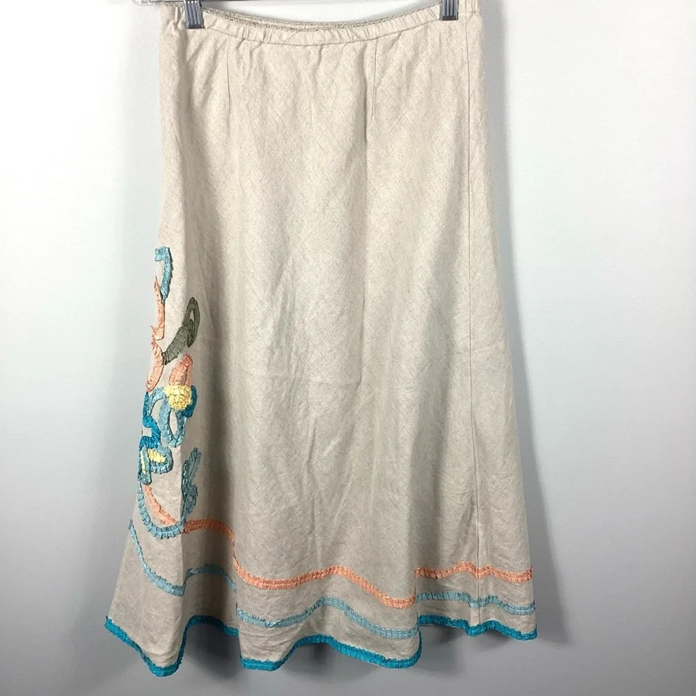 J.Jill 100% Linen Maxi Skirt W/Floral Ribbon Embroidered Flowers Women’s Size XS